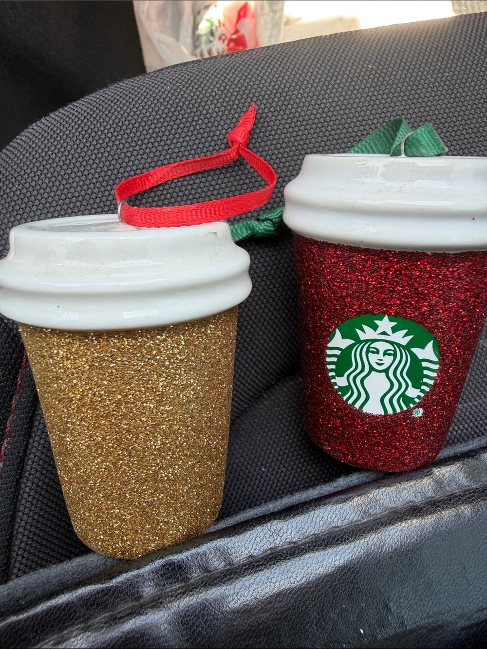Starbucks Glitter Cup Ornaments in Red & Gold with White Lids